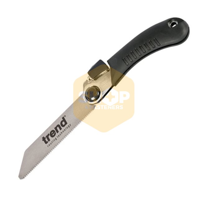 a folding saw against a white background